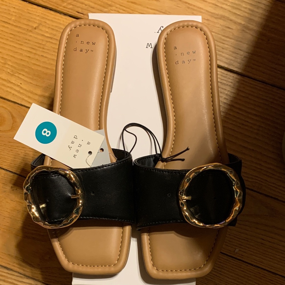 a new day Black Slide Mules with Gold Buckle size 8